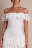 Off The Shoulder Lace White Sheath High-Low Engagement Dress