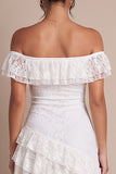 Off The Shoulder Lace White Sheath High-Low Engagement Dress