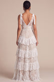 A Line Lace White Tiered V-Neck Maxi Boho Wedding Dress