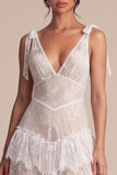 A Line Lace White Tiered V-Neck Maxi Boho Wedding Dress