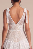 A Line Lace White Tiered V-Neck Maxi Boho Wedding Dress