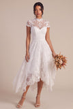 White Lace A Line Asymmetrical Engagement Dress With Cap Sleeves