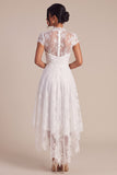 White Lace A Line Asymmetrical Engagement Dress With Cap Sleeves