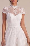 White Lace A Line Asymmetrical Engagement Dress With Cap Sleeves