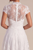 White Lace A Line Asymmetrical Engagement Dress With Cap Sleeves