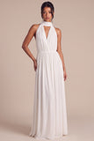 Halter White A Line Ruched Maxi Beach Wedding Dress