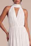 Halter White A Line Ruched Maxi Beach Wedding Dress