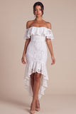 White Off The Shoulder Mermaid Lace High-Low Engagement Dress