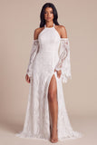 A Line Lace Long Sleeve White Maxi Boho Wedding Dress