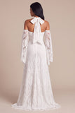 A Line Lace Long Sleeve White Maxi Boho Wedding Dress
