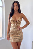 Spaghetti Straps Bodycon Squins Gold Mini Homecoming Dress