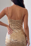 Spaghetti Straps Bodycon Squins Gold Mini Homecoming Dress