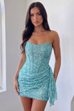 Strapless Corset Sky Blue Sequins Bodycon Mini Homecoming Dress