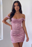 Off The Shoulder Corset Pink Sequins Bodycon Mini Homecoming Dress