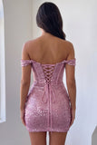 Off The Shoulder Corset Pink Sequins Bodycon Mini Homecoming Dress
