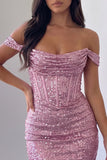 Off The Shoulder Corset Pink Sequins Bodycon Mini Homecoming Dress