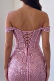 Off The Shoulder Corset Pink Sequins Bodycon Mini Homecoming Dress