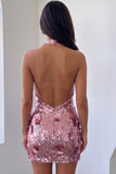 Halter Pink Sequins Bodycon Mini Homecoming Dress