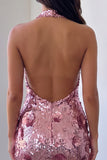 Halter Pink Sequins Bodycon Mini Homecoming Dress