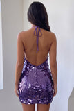 Halter Sequins Bodycon Purple Mini Homecoming Dress