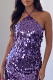 Halter Sequins Bodycon Purple Mini Homecoming Dress