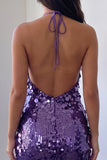 Halter Sequins Bodycon Purple Mini Homecoming Dress