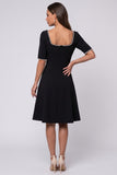 Square Neck Black A Line Midi Work Dress With Pearls