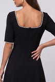 Square Neck Black A Line Midi Work Dress With Pearls