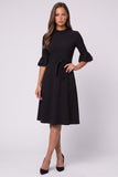 A Line Black Round Neck Midi Work Dress With Sash