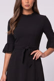 A Line Black Round Neck Midi Work Dress With Sash