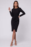 Black Sheath Ruched Midi Work Dress With Long Sleeves