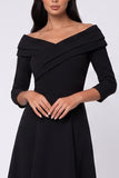 Off The Shoulder A Line Black Midi Work Dress