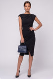 Sheath Ruched Navy Cap Sleeve Midi Work Dress With Slit