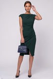 Sheath Ruched Navy Cap Sleeve Midi Work Dress With Slit