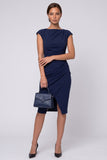 Sheath Ruched Navy Cap Sleeve Midi Work Dress With Slit