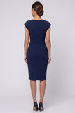 Sheath Ruched Navy Cap Sleeve Midi Work Dress With Slit