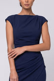 Sheath Ruched Navy Cap Sleeve Midi Work Dress With Slit