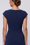 Sheath Ruched Navy Cap Sleeve Midi Work Dress With Slit