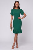 Mermaid Short Sleeve Pleated Dark Green Midi Work Dress
