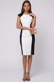 Black White Round Neck Sheath Midi Work Dress With Slit