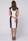 Black White Round Neck Sheath Midi Work Dress With Slit
