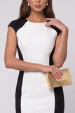 Black White Round Neck Sheath Midi Work Dress With Slit