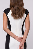 Black White Round Neck Sheath Midi Work Dress With Slit