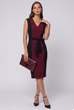 V-Neck Sheath Burgundy Midi Work Dress With Sash