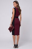 V-Neck Sheath Burgundy Midi Work Dress With Sash