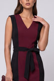 V-Neck Sheath Burgundy Midi Work Dress With Sash