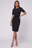 Sheath Black Round Neck Midi Work Dress with Belt