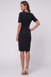 Sheath Black Round Neck Midi Work Dress with Belt