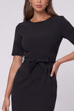 Sheath Black Round Neck Midi Work Dress with Belt