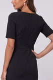 Sheath Black Round Neck Midi Work Dress with Belt